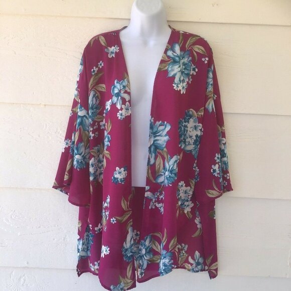 Pinkblush Tops - Pink Blush Open Front Floral Duster Kimono Size Medium Flared Sleeve